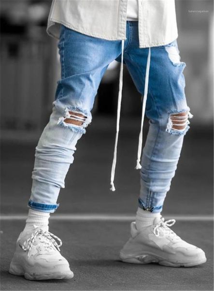 

homme trousers gradient color mens jeans washed mens designer jeans distrressed man pencil pants with drawstring hiphop, Blue