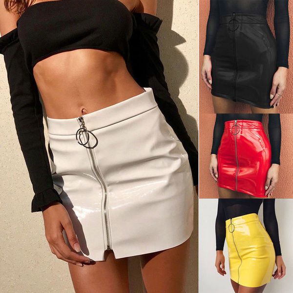 

us women high waist circle zipper shiny pu leather mini short modal pencil skirt drop shipping, Black