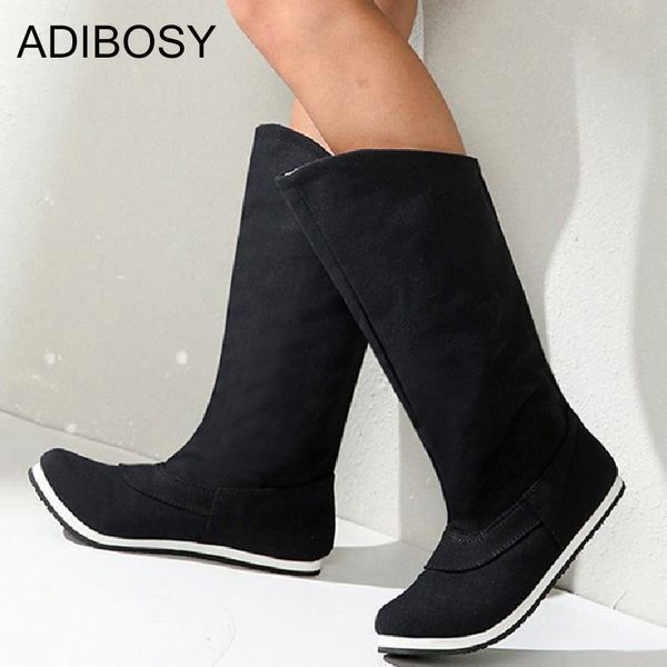 

women canvas boots black mid calf flat platform women boots ladies winter autumn slip on low heels long shoes big size
