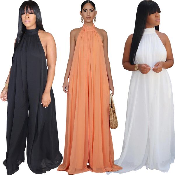 

fashion summer women solid color sleeveless chiffon jumpsuit romper playsuit casual loose clubwear evening party trousers, Black;white