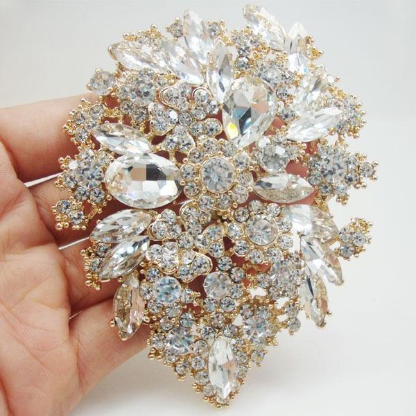 

падение золотого тон невеста двойное падение цветы свадебного pin clear кристалл стразы свадьба брошь, Gray