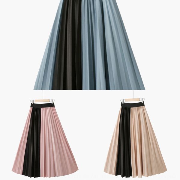 

6v5pq 2019 fall/winter new korean pleated skirt style elastic high waist solid color contrast color stitching mid-length slimming all-match, Black