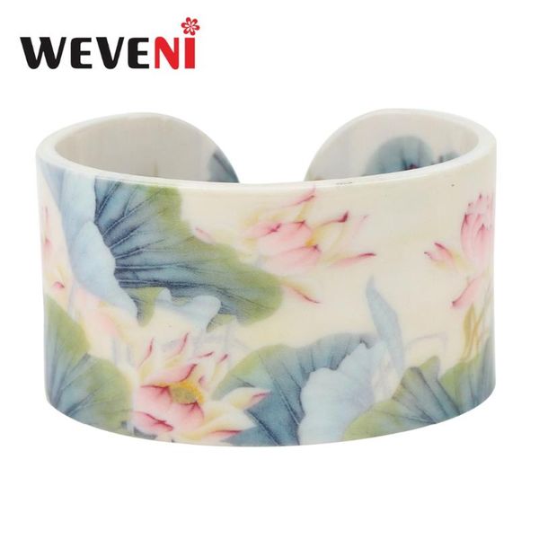 

weveni plastic chinese lotus ink and wash painting bangles bracelets traditional ethnic jewelry for women girls ladies wholesale, Black