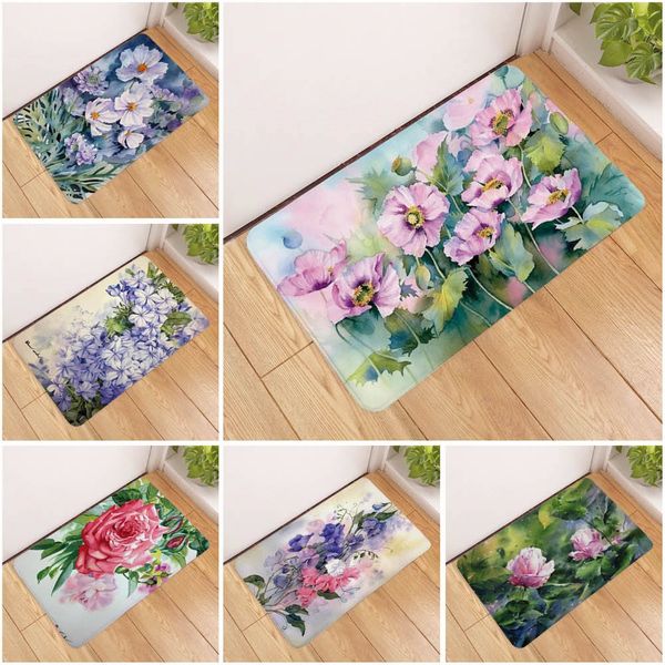 

0qg8v watercolor flower printing non-slip flower floor door digital printing floor mat bathroom kitchen bathroom long strip water absorbing