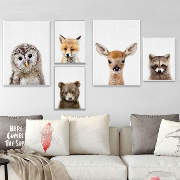 

baby animal print painting rabbit bear owl nursery wall art picture woodland canvas poster nordic pictures kids room decoration