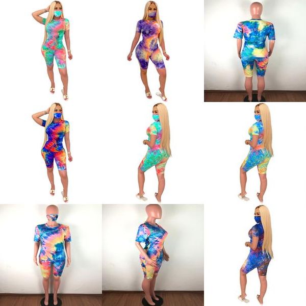 

tie dye t shirt biker shorts outfits sets streetwear jogging clothing lady summer clothes with face mask 2 two piece tracksuits ofild, Gray