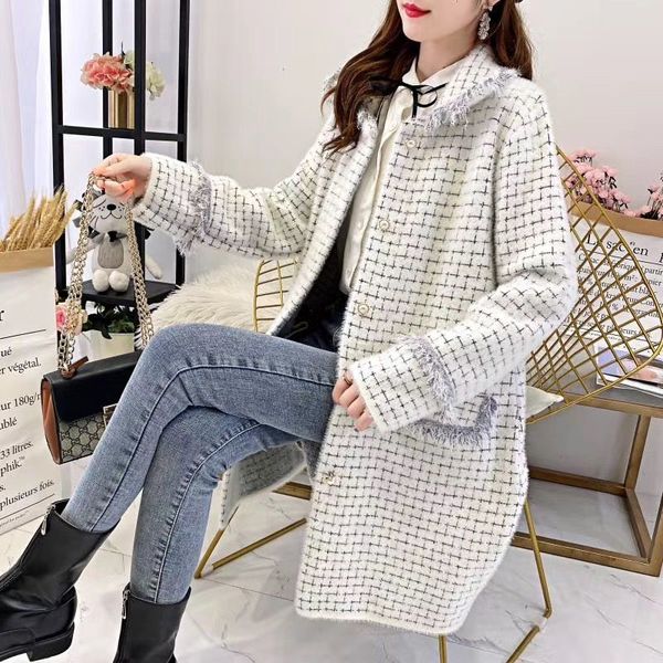 

2020 women long knitted faux coat plaid cardigan jackets beige black