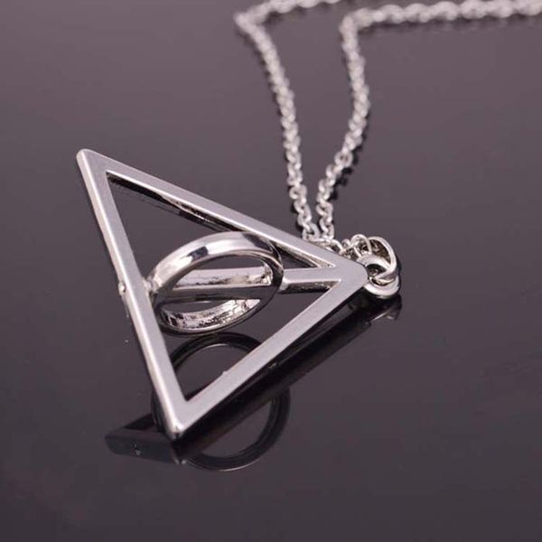 

pendant necklaces brand deathly hallows stainless steel triangle circle necklace rotatable harry metal movie jewelry, Silver