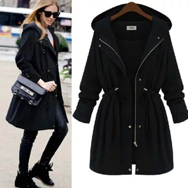 

overcoat women autumn trench coat casual outwear female coats with hood slim lace up overcoats for lady autumn trench coat femme, Tan;black