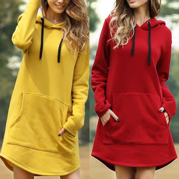 

2020 autumn sweater dress and winter casual solid color hooded pocket sweater dress women's clothing, Black