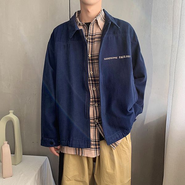 

2020 spring and autumn new youth popular men's loose lapel japanese solid color simple letter printed jacket fashion casual top, Black;brown