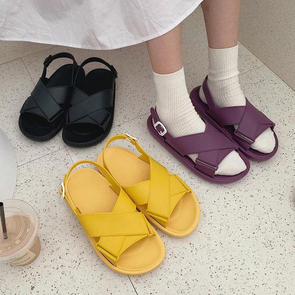 

sp&city korean gladiator colored flat slippers female summer comfortable buckle strap sandals ins harajuku cool girls shoes, Black