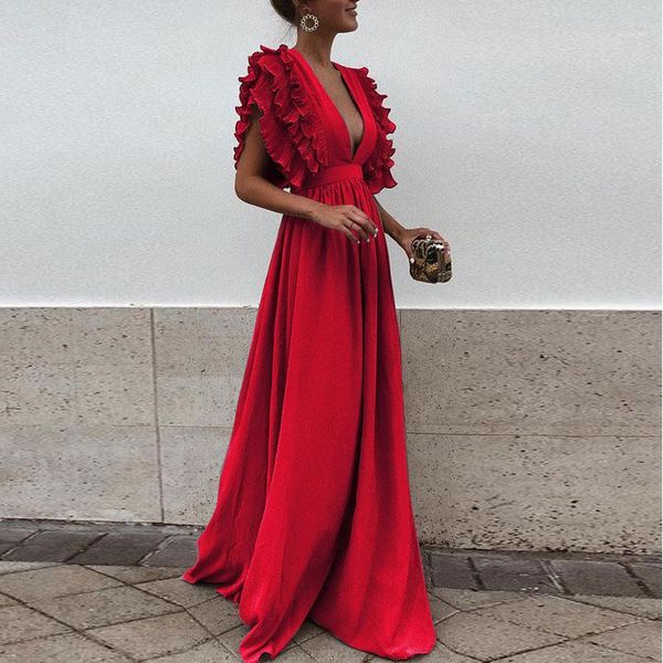 

womens dresses party deep v neck solid color summer maxi dresses backless high waist sweet womens casual dresses 3xl ruffle sleeve, Black;gray