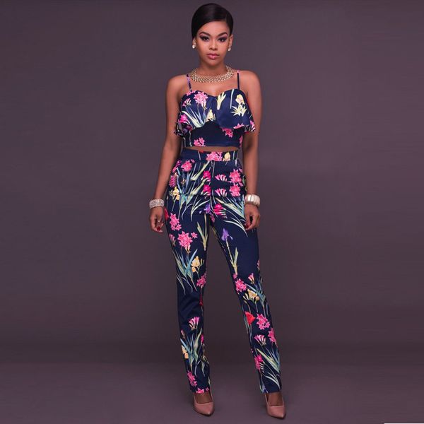 

2020 new arrival floral print streetwear casual zipper women suit high waist women sets strap ruffles & pant suit, Gray