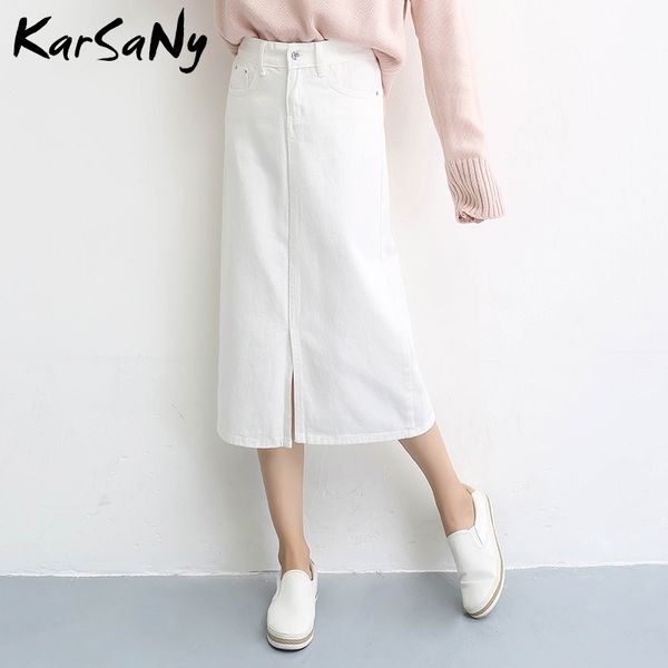 

karsany long skirt denim women split long jeans skirts for women summer casual high waist jeans skirt white womens 2020 skirts, Black