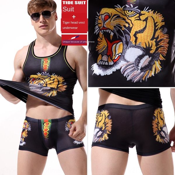 

ociae cartoon beast underpants power ice silk fashion brand tiger head printing men's fashion suit crocodile underwear vest vest patte, Blue;red