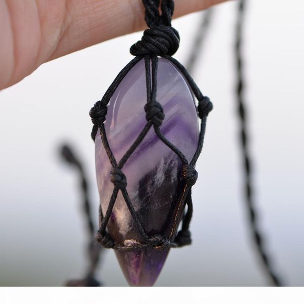

l wrapped crystal necklace amethys purple natural stone pendant macrame jewelry 45 *28mm, Silver