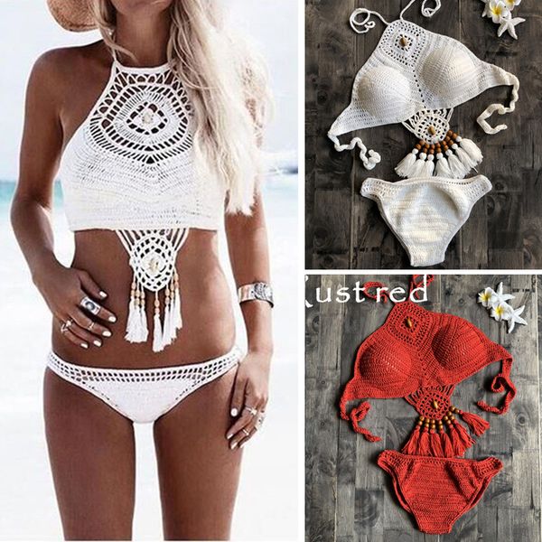 

2020 new summer crochet women solid bikini set halter tie bra swimsuit swimwear triangle bather suit swimming biquini, White;black