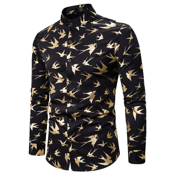 

gold bird bronzing print shirt men 2020 brand long sleeve mandarin collar mens dress shirts business casual chemise homme, White;black