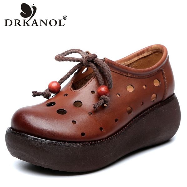 

drkanol handmade vintage summer shoes women flat platform shoes 100% genuine leather breathable slip on ladies platform, Black