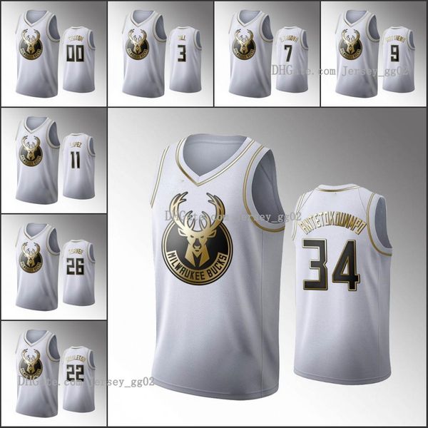 

milwaukee bucks men giannis antetokounmpo brook lopez khris middleton kyle korver 2020 white nba golden edition custom jersey, Black