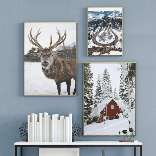 

nordic decoration winter forest lanscape wall art canvas poster and print elk canvas painting picture for living room home decor