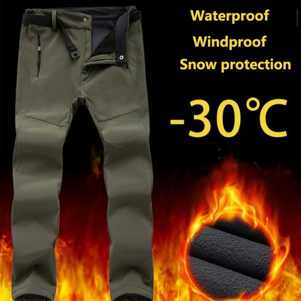 

outdoor pants men women winter thermal plus velvet waterproof windproof loose warm skiing trousers climbing softshell, Black;green