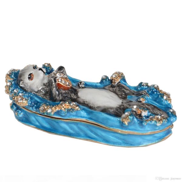 

sea otter ocean marine animal bejeweled trinket jewelry box nautical decor gifts, Black;white
