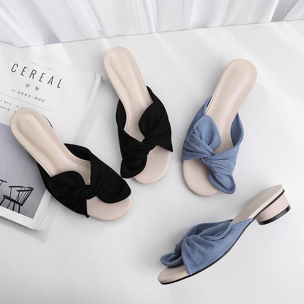 

2020 new summer women slippers shoes woman sweet cute butterfly-knot solid flock flats square low heels summer sandals casual, Black