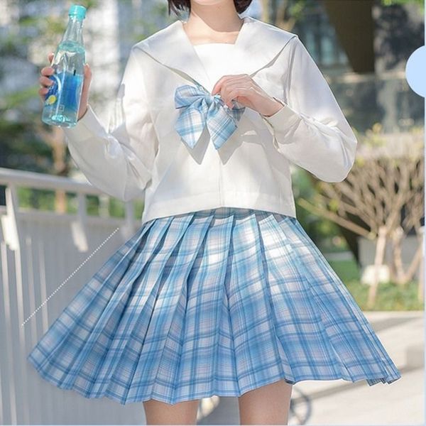 

sea salt soda] original girls summer high waist pleated skirts plaid skirts women dress for jk school uniform students clothes, White