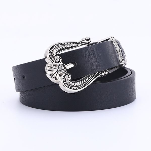 

leather belt women metal heart buckle waist belt vintage western carved ladies waistband, Black;brown