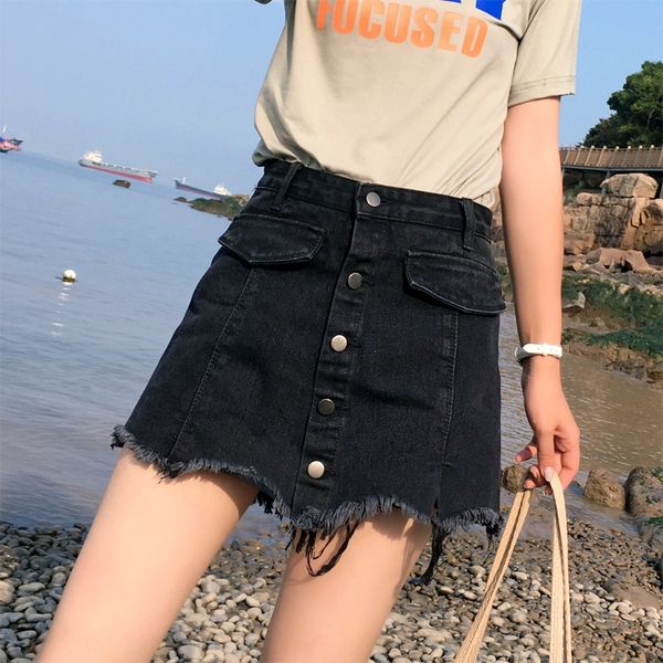 

lanuu ins super popular korean style safety jeans and jeans 2020 new women's denim skirt anti-exposure safety denim pants skirt east ga, Black