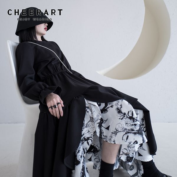 

cheerart spring 2020 black long dress women monroe print asymmetrical dress long sleeve midi ruched, Black;gray