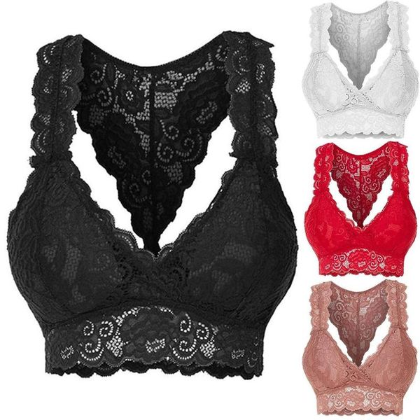 

bras women solid color floral lace bralette bra y-line straps wireless bras for women brassiere underwear, Red;black