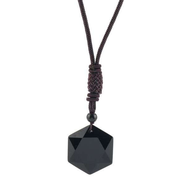 

black obsidian six stars necklace amulet jewelry for men nature stone pendant adjustable rope chain necklace lucky colar, Silver