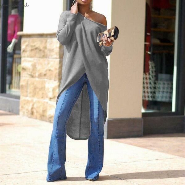 

fashion women summer long sleeve loose blouse casual 100% cotton split shirt skew collar neck solid, White