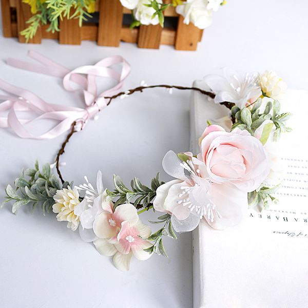 

sweet girls flower bridal garland bridesmaid headdress simulation flower wreath woman pink flower hair ornament pgraphy jewelry s266, Slivery;white