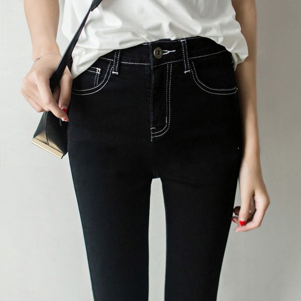 

women's jeans 2021 fashion skinny denim pencil woman elastic high waist trousers black stretch plus size washed mid l219, Blue