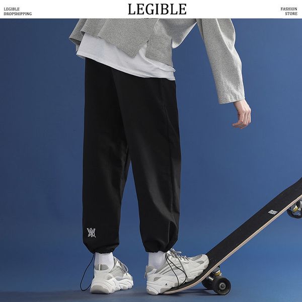 

legible men's solid color straight harem pants korean man loose ankle-length trousers streetwear male casual pants, Black