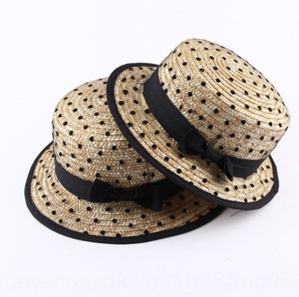 

baby summer parent-child girl children's flat children's sun straw straw hat hat fashionable gauze polka dot lady, Yellow