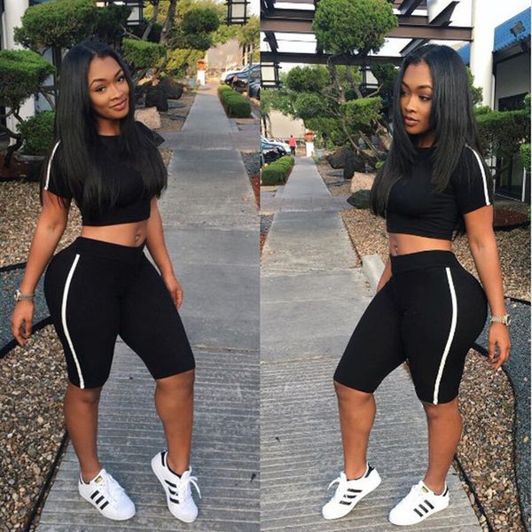 

black trim skinny tracksuit women casual short sleeve t shirt crop with shorts two piece set night club women outfit, Gray