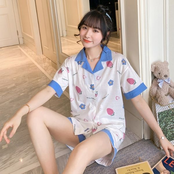

pajamas women 2020 short-sleeved korean style sweet two-piece suit home clothes shorts and shorts thin loose home clothes, Blue;red