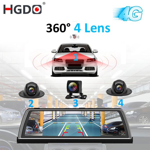 

car dvr dvrs hgdo h100 4 lens adas camera video recorder mirror 4g 10" media rearview core android dash cam fhd 1080p gps