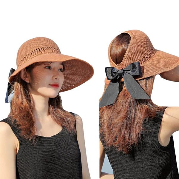 

bohemia bow sun cap wide brim floppy summer hats for women beach straw dome bucket hat hollow out visor bonnet, Blue;gray