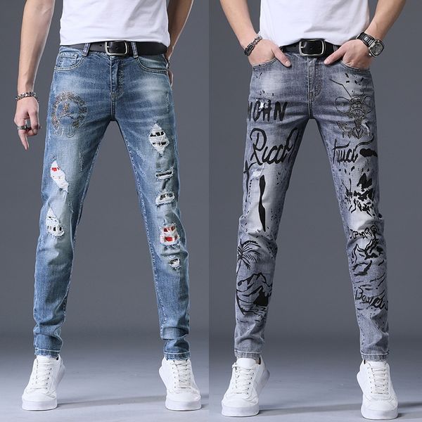 

ripped slim men's jeans and jeansembroidered jeansnational fashion embroidered printed stretch men's jeans cotton breathable trous, Blue