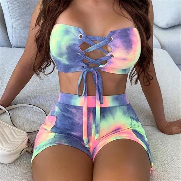 

tie dye print bandage tracksuits sets women sleeveless tube 2 piece outfits club bodycon and shorts sets, Gray