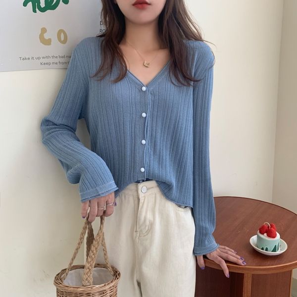 

korean style all-match sunscreen shirt shirt coat thin v-neck cardigan knitted coat for women, White