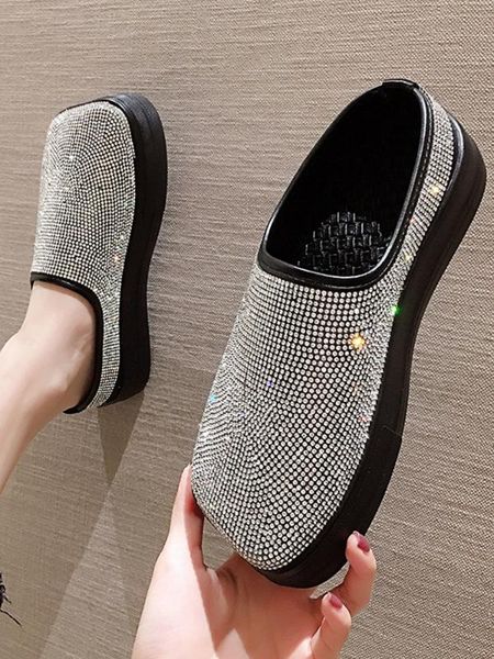 

женская обувь квадратная голова 2020 новая осень толстым дном горный хрусталь тапочки нескользящей мулы, Black