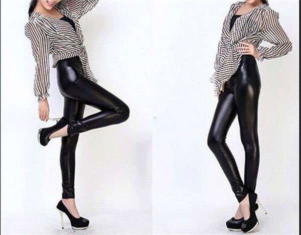 

black women stretch faux leather high waist pants sheath leggings  ankle-length women clothing
