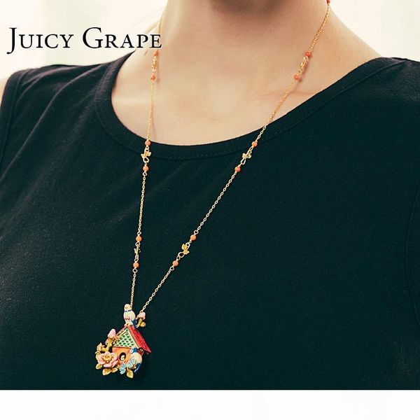 

juicy grape french style enamel glaze gilded long necklace blue tits love birds sweater chain women accessories y19050901, Silver